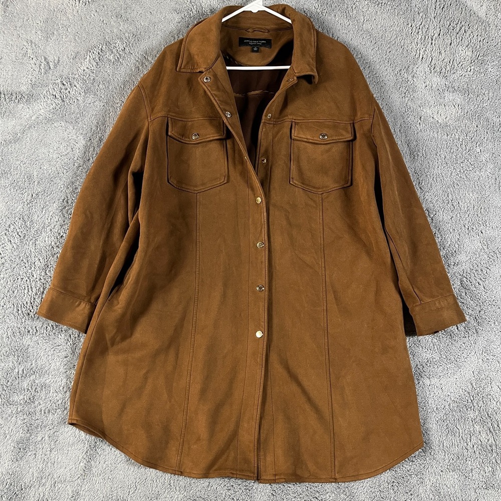 Marc NY Andrew Marc Faux Suede Long Jacket Women XL Brown Winter Warm Snap Front